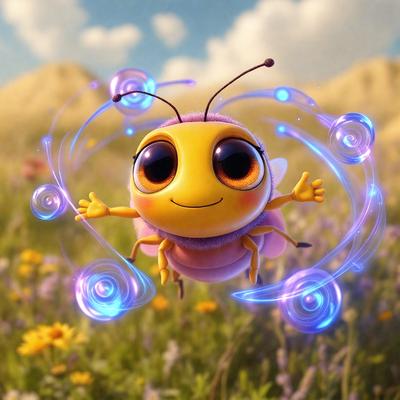 The primary subject of the image is a cartoon-like yellow and pink bee with a smiling face. The bee is flying through a field of flowers, which serves as the setting and background of the scene. The visual style of the image is a combination of photo and digital art, creating a whimsical and playful atmosphere. The dominant colors in the image are yellow, pink, and purple, which contribute to the overall cheerful and lively mood.